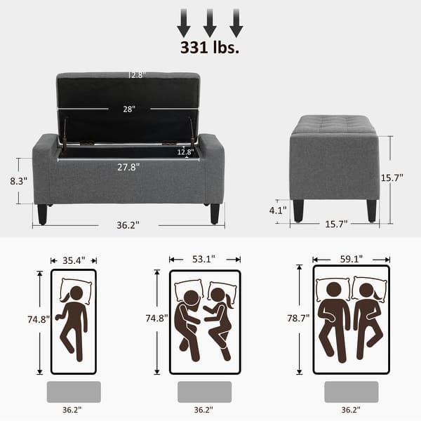 dimension image slide 3 of 5, HOMCOM Ottoman Bench Tufted Storage Chest with Flipping Top, 36.25"W x 15.75"D x 15.75"H