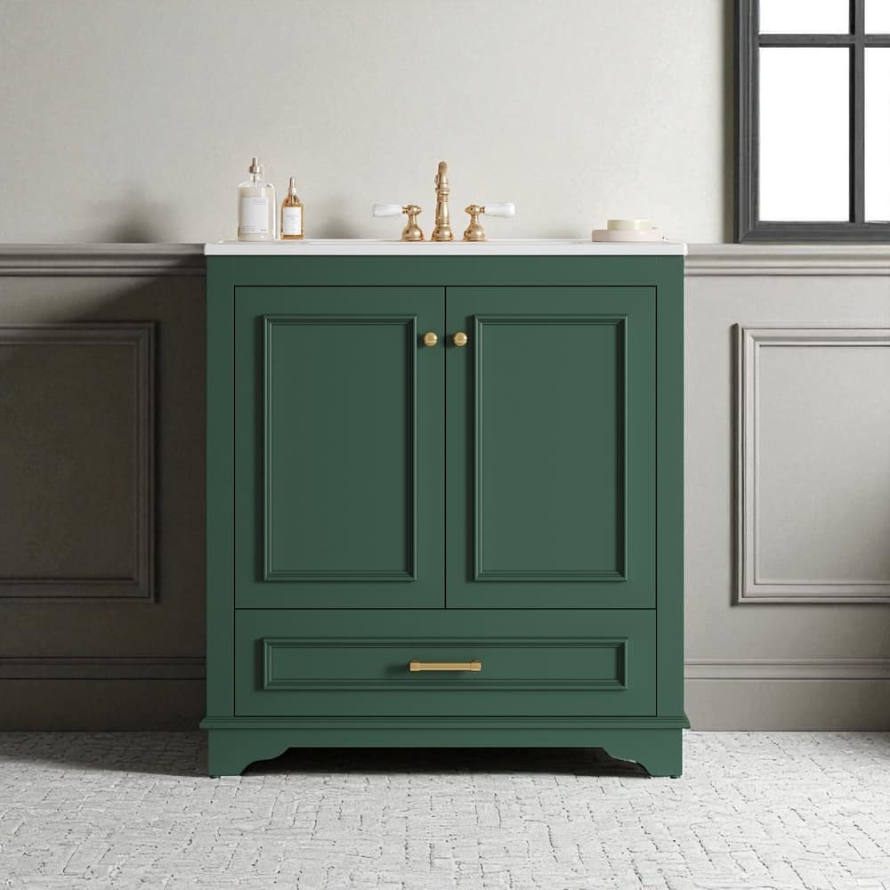 30" Bathroom Vanity with Ceramic Sink, Solid Wood Frame, 2 Soft-Close Doors, Storage Cabinet with Shelf