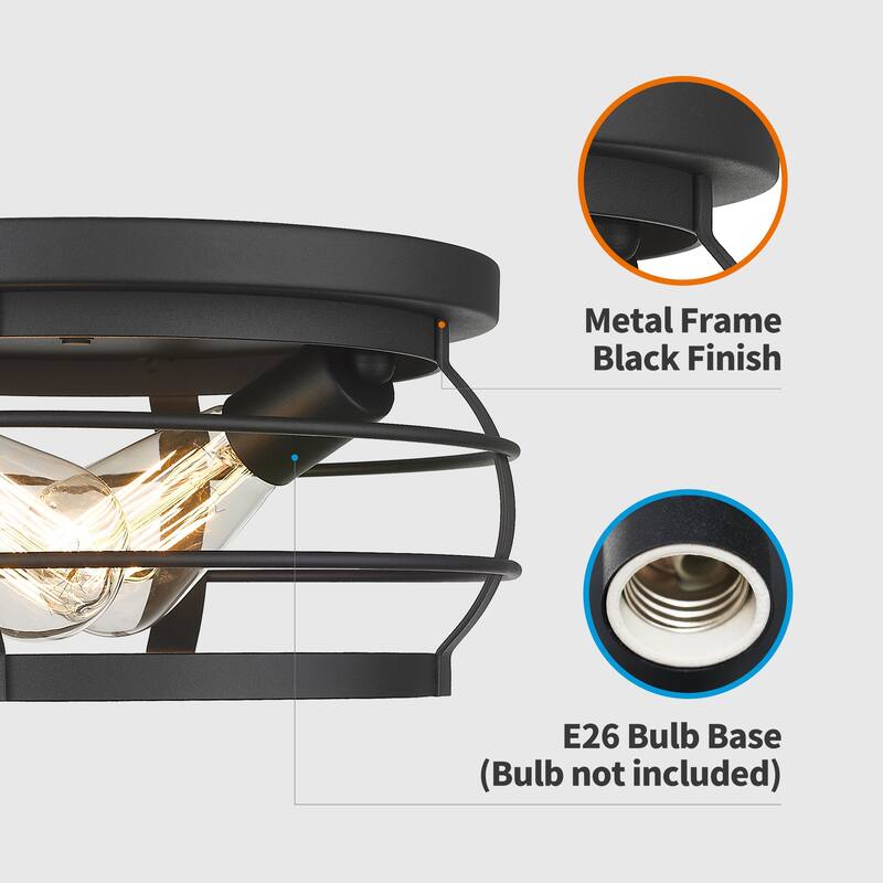2-Light Industrial Flush Mount Ceiling Lights,Black Finish