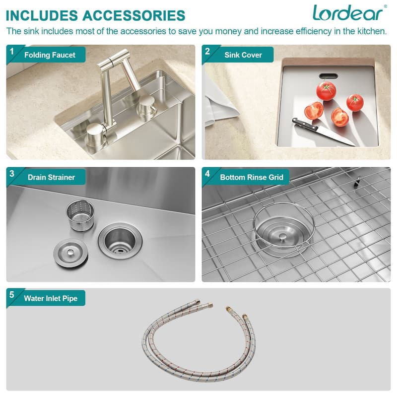 Lordear 17" Stainless Steel Sink Undermount Workstation Single Bowl Bar Sink or Kitchen Sink with Folding Faucet