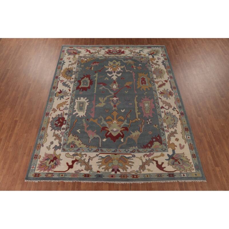 Floral Blue Oushak Area Rug Handmade Wool Carpet - 9'3"x 11'10"