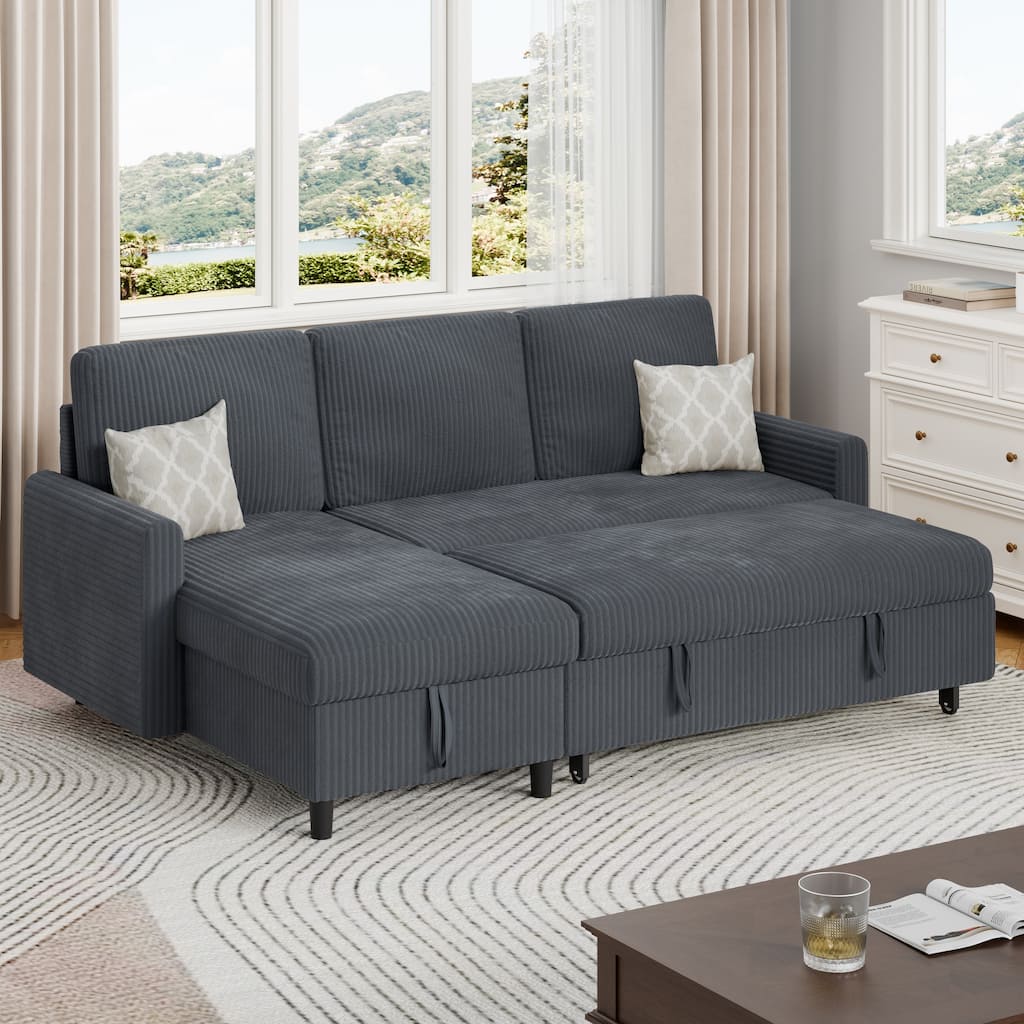 Futzca 3-in-1 Convertible Corduroy Sofa Bed with Storage, L-Shaped Sectional Couch