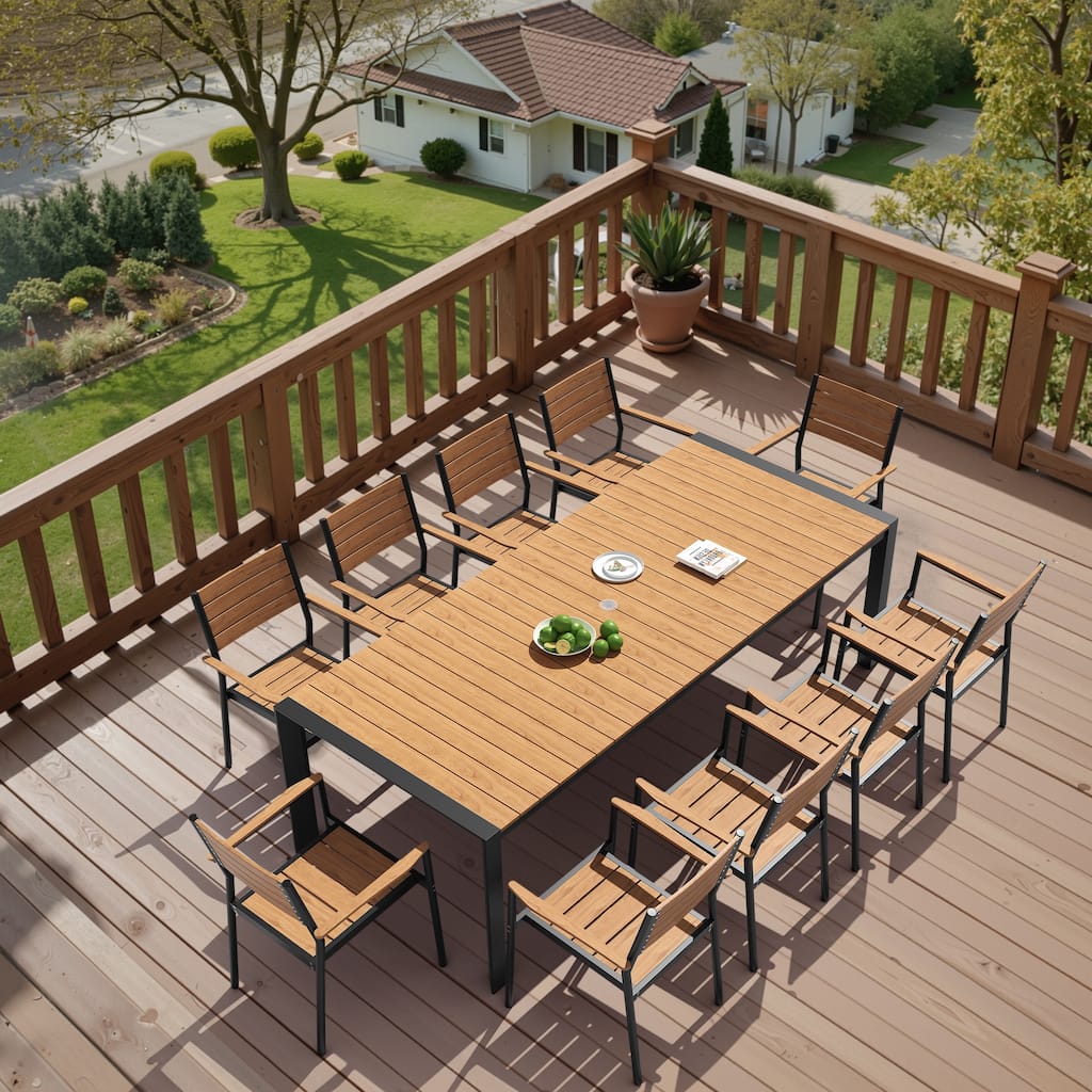 11-Piece Outdoor Patio Dining Set Wood Like Table Top Aluminum Rectangular Umbrella Hole Table with Stackable Armrest Chairs