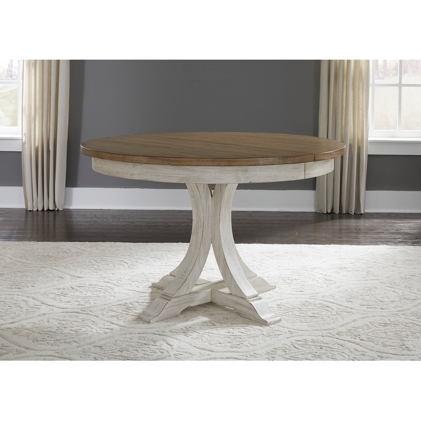 Farmhouse Reimagined Antique White with Chestnut Tops Pedestal Table. Opens flyout.