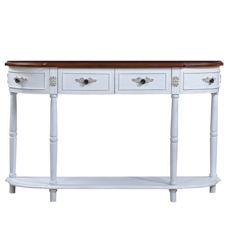 Curved Wood Console Table Sofa Table with Open Shelf and Drawers
