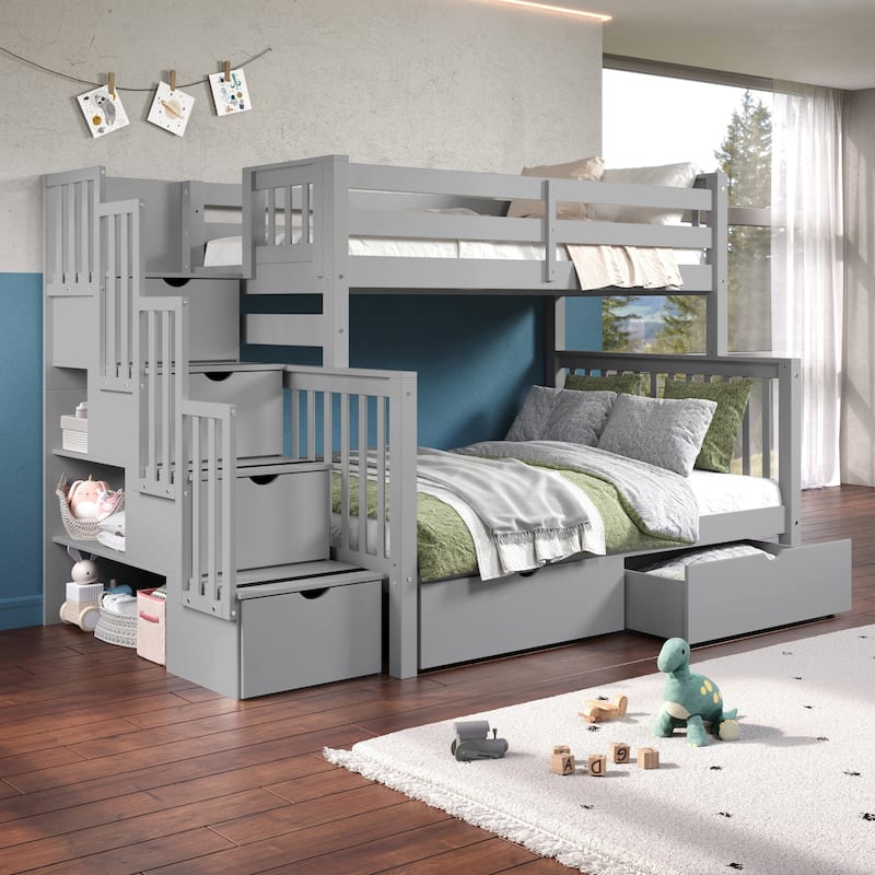 Taylor & Olive Trillium Twin over Full Stairway Bunk Bed, 2 Drawers - Grey
