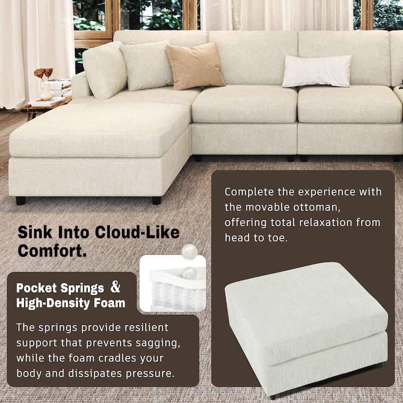127 Inch U-Shaped Sectional Sofa with Movable Ottoman, 6-Piece Chenille Fabric Modular Couch with Pine Wood Frame