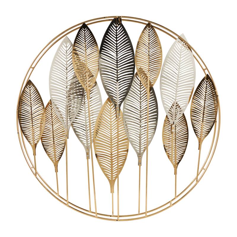 Gold Metal Metallic Leaf Home Wall Decor with Circular Frame and Silver Accents