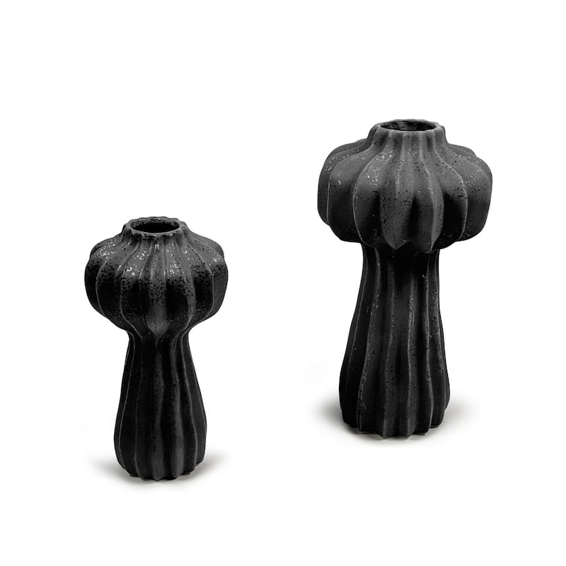 Black Ceramic Cactus Inspired Vases Set of Two Modern Textured Décor - Black