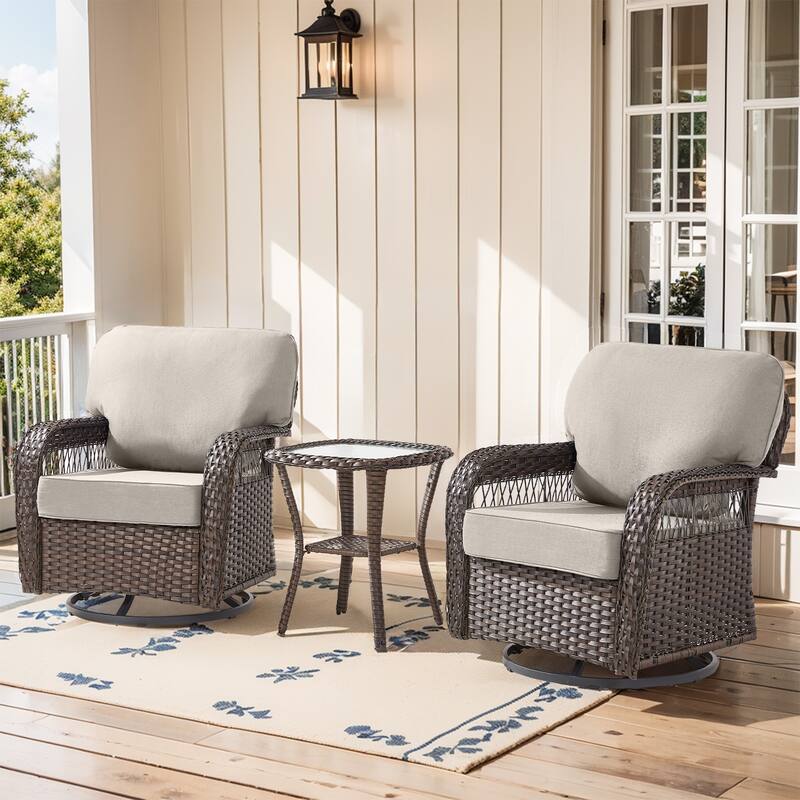 Pocassy Swivel Chair Table with Outdoor Ottoman Set. - Brown Wicker Beige Cushion - 3-Piece Swivel Chair with Side Table