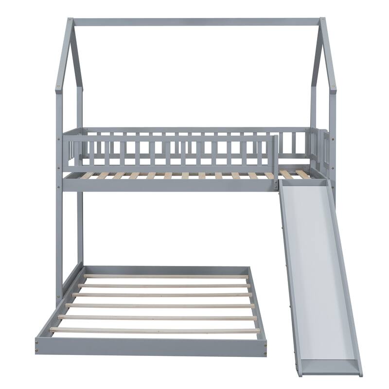 Twin Over Full House Bunk Bed with Slide and Built-in Ladder, Full-Length Guardrails