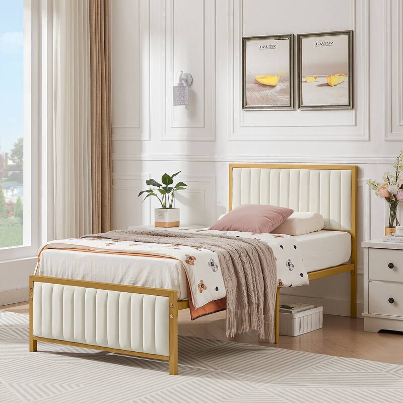 VECELO Upholstered Bed Frame with Tufted Headboard & Footboard, Heavy Duty Steel Slats Platform, No Box Spring Needed
