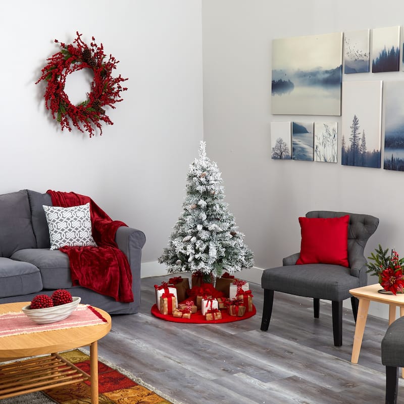 4ft. Flocked Pine Artificial Christmas Tree with Pinecones & 100 Clear LED Lights - Charming Winter Holiday X-Mas Tree
