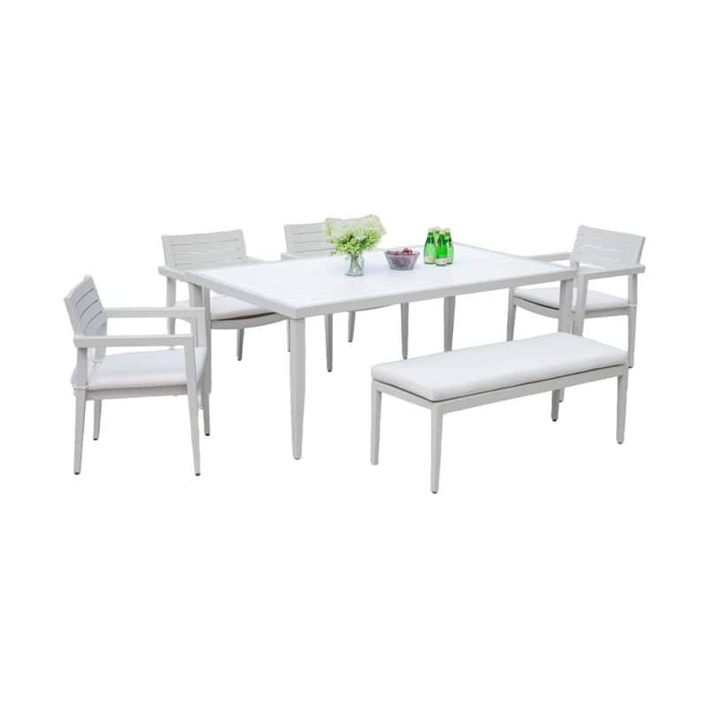 6-Piece Aluminum Patio Dining Set with Sunbrella Cushions – Includes 4 Chairs, 1 Bench & a Two-Tone Table with Umbrella Hole. - Matte White+Grayish