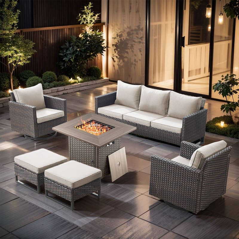 6 Pieces Fire Pit Table with Sofa Swivel Chair Ottoman Set - Brown Wicker - Beige cushion