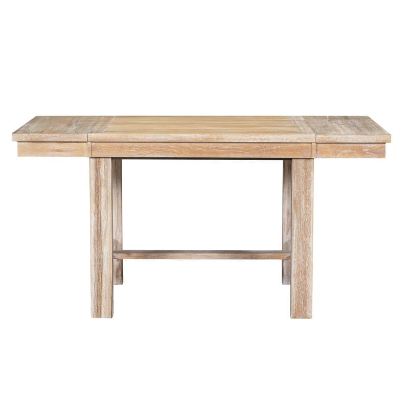 Farmhouse 82-Inch Extendable Dining Set with 4 Chairs & Bench, 2 Removable Leaves, Natural Finish & Beige Cushions.