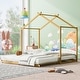 preview thumbnail 3 of 2, Twin Size House-shaped Platform Bed with Trundle, Metal Bed Frame with Supprot Slat, Pull-out Bed with Shelf, Natural