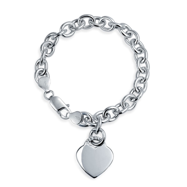Solid Heart Shape Charm Tag Chain Bracelet For Women For Teens Engravable 925 Sterling Silver Heavy Rolo Chain