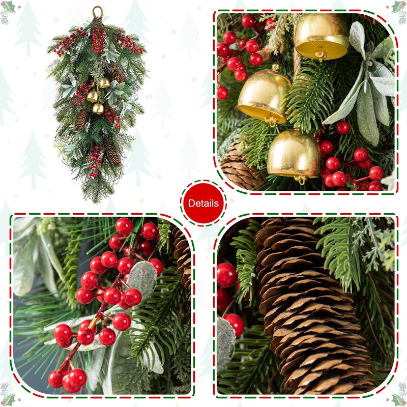Glitzhome Christmas Berry Bow Pinecone Bell Holy Leaf Teardrop Swag Xmas Wreath