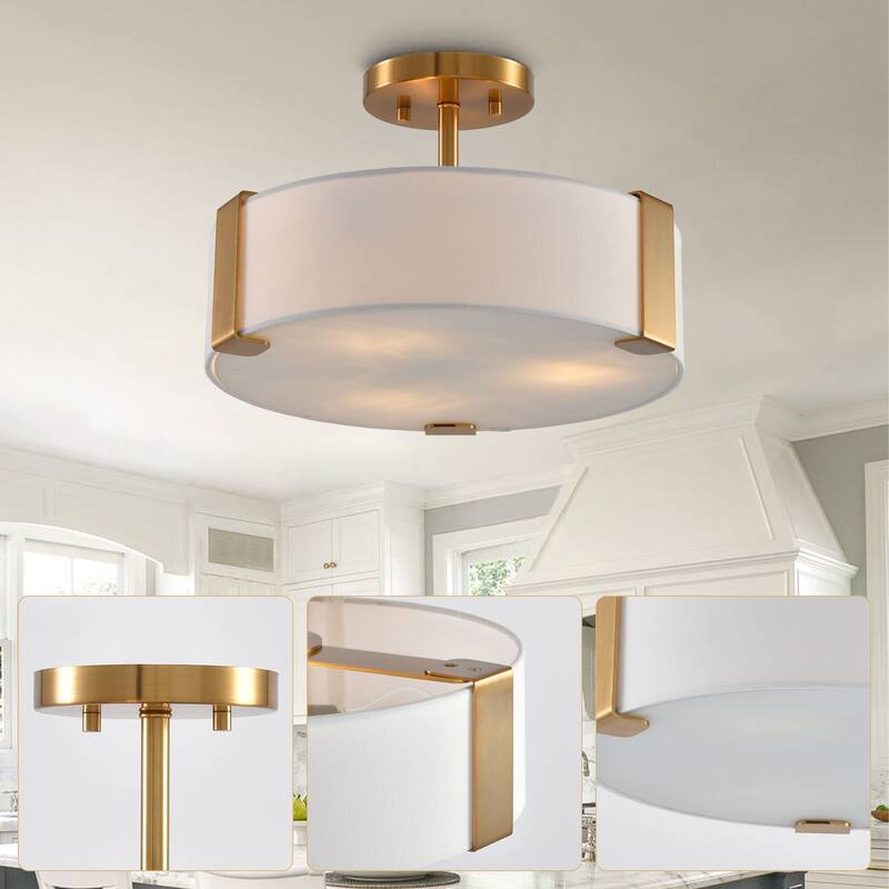 14 in. Modern Gold Drum Semi-Flush Mount Ceiling Light with Fabric Shade - 14" D x 14" W x 9.13" H