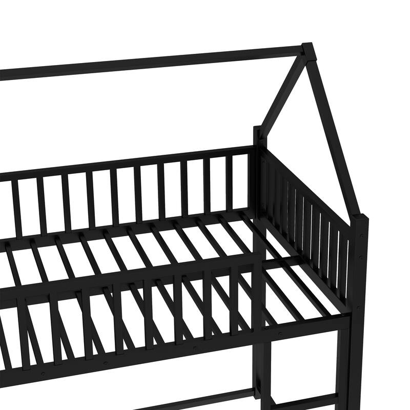 Roomfitters Metal Twin House Bed Frame with Guardrails & Detachable Slats, Convertible Floor to Loft Design, Black