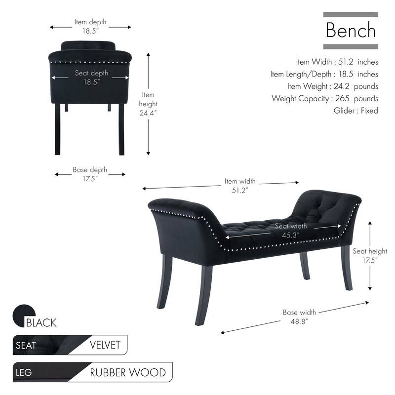 Porthos Home Sybil Tufted Velvet Accent Bench with Rubberwood Legs