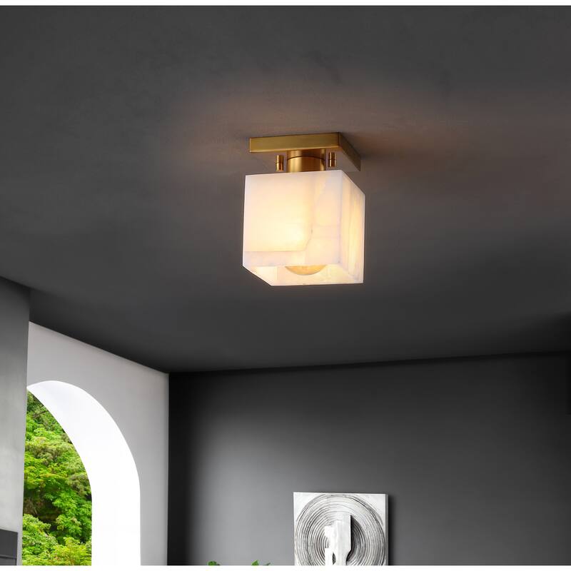 Chiara 5" 1-Light Modern Contemporary Alabaster/Iron Cube LED Semi Flush Mount, White Marbling/Brass Gold by JONATHAN Y