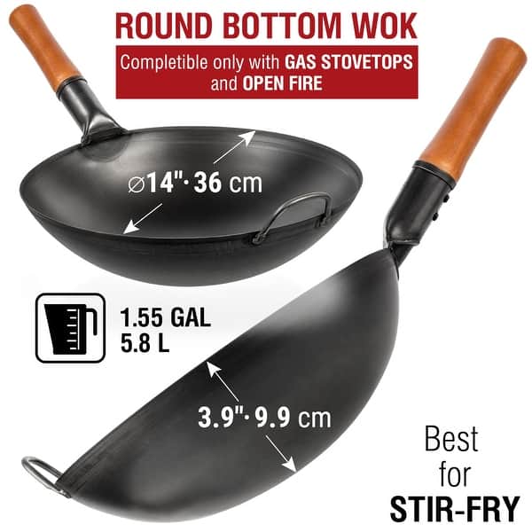 Carbon Steel Wok Pan 14 in Woks and Stir Fry Pans Chinese Wok with