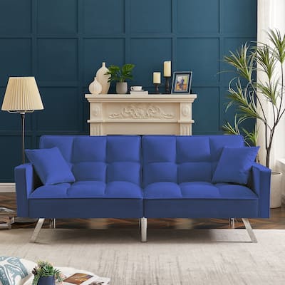 Velvet Futon Sofa Bed with Adjustable Backrest and Armrests