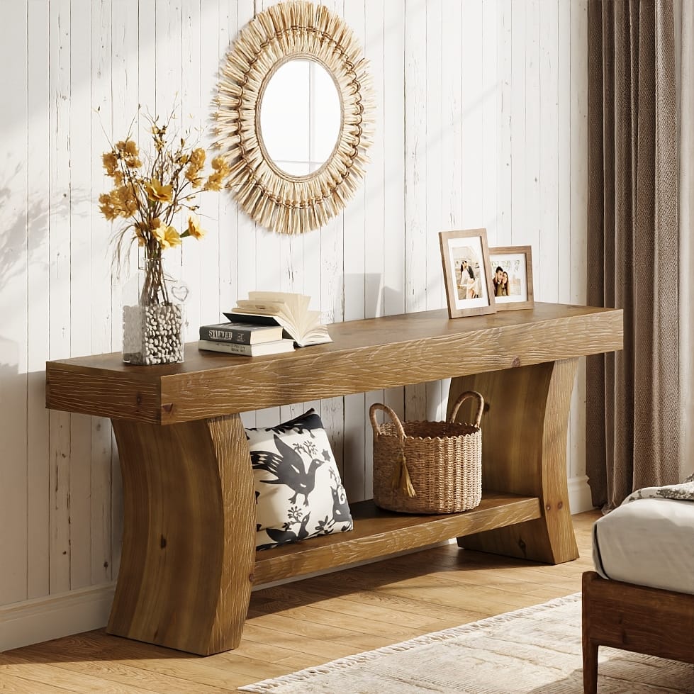 2-Tier Low Solid Wood Console Table for Living Room Entryway Hallway