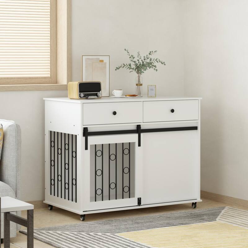 39.37" Dog Crate Furniture with Double Drawers and Sliding Barn Door, Decorative Pet Kennel End Table with Lockable Wheels