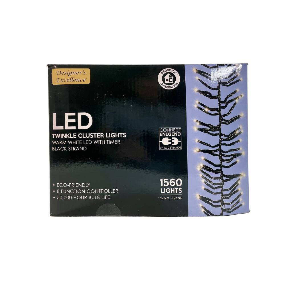 Direct Export LED Twinkle Cluster Lights 52.5Ft White w/ Black Strand Connect End to End - Size: 52.5ft