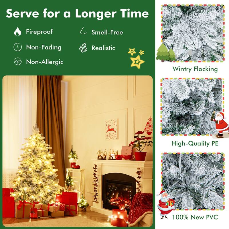 4.5FT/6FT/7 FT Pre-Lit Flocked Christmas Tree Hinged Holiday Tree