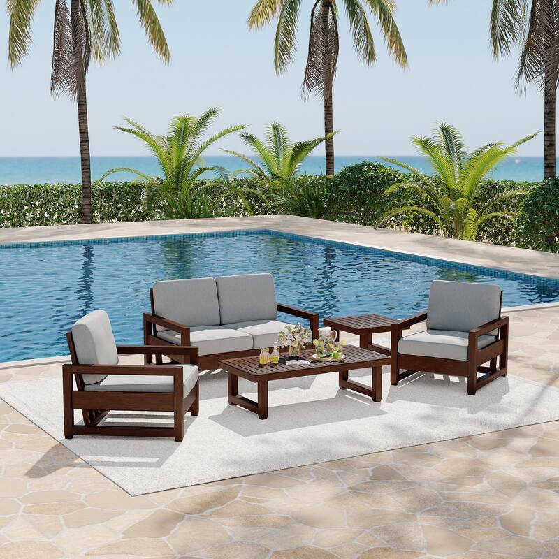 5-Piece Patio Wood Conversation Set with Loveseat, Chairs and Tables