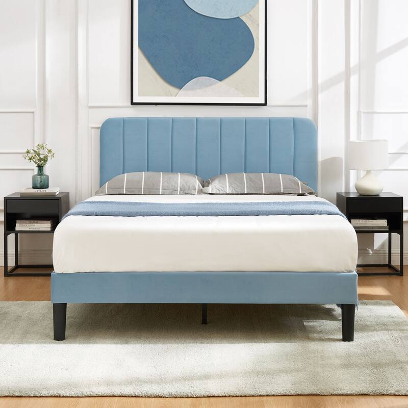Javlergo Upholstered Bed Frames with Height-adjustable Headboard - Light Blue - Full