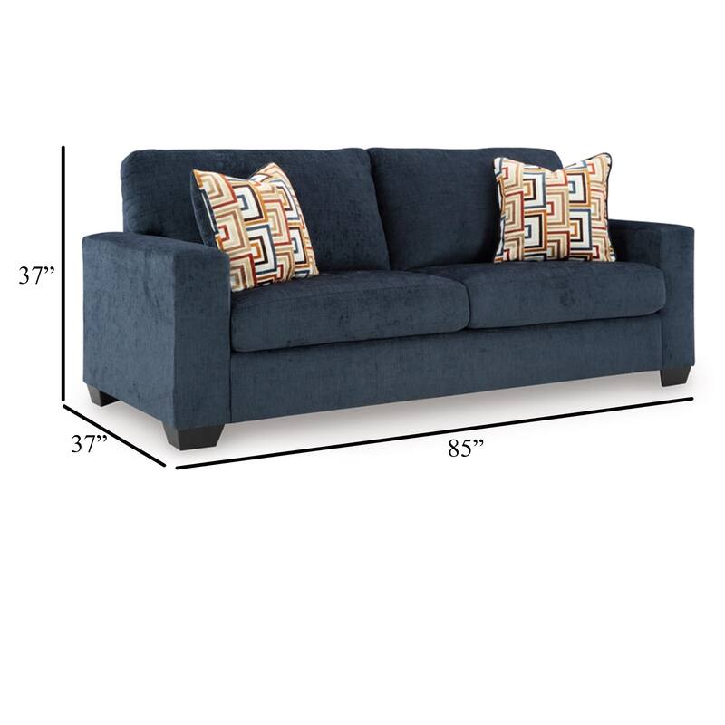 Avie Sofa, 2 Accent Pillows, 85 Inch, Black, Soft Navy Blue Polyester