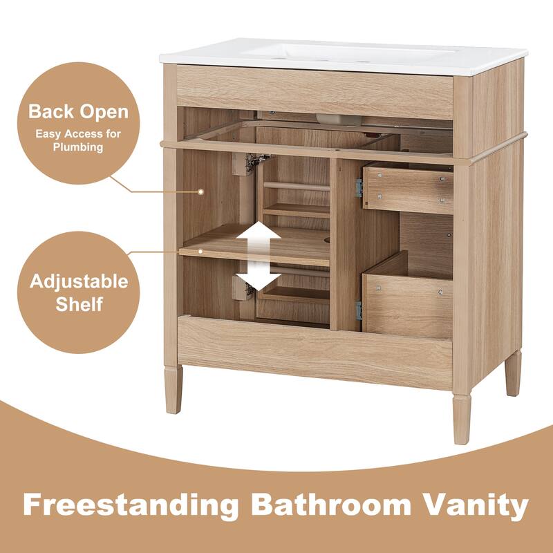 Freestanding Bathroom Vanity with Sink, Center Rectangular Ceramic Sink Bathroom Storage Cabinet, 24"/30"