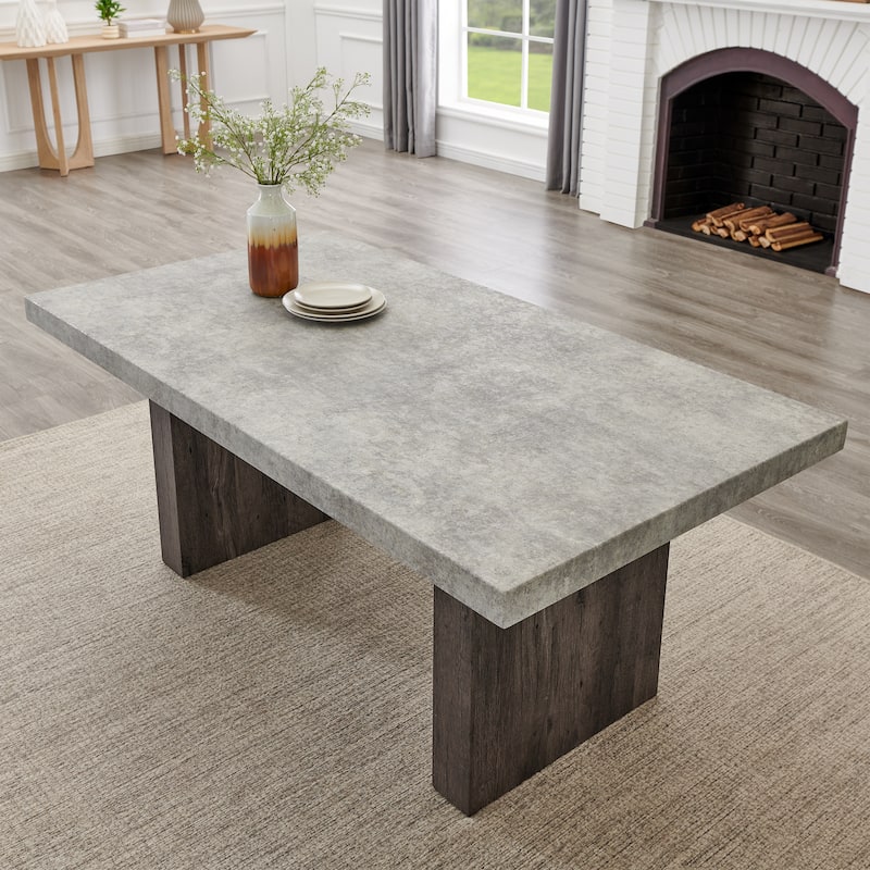 Roundhill Furniture Sorlen Modern 7-Piece Dining Set, 3D Faux Concrete Table with 6 Chairs
