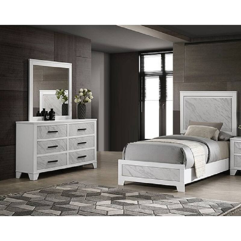 Modern White Finish Bed Dresser Mirror Classic 3-Piece - Twin