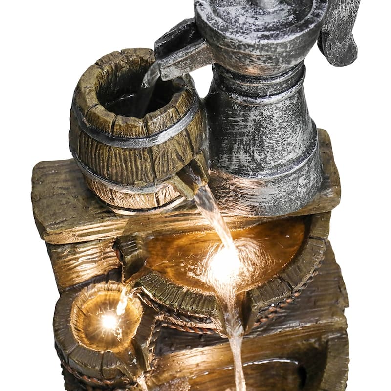 Outdoor Floor Rustic 5-Tiered Barrel and Pump Water Fountain for Home