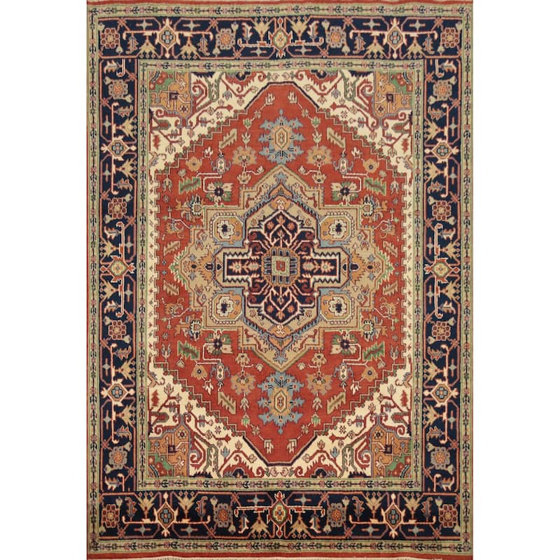 Hand Knotted Oriental 100% Wool Carpet Traditional Medallion Oranges & Rust Heriz (serapi) Area Rug - 9' 9'' X 7' 11''