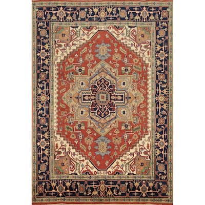 Hand Knotted Oriental 100% Wool Carpet Traditional Medallion Oranges & Rust Heriz (serapi) Area Rug - 9' 9'' X 7' 11''