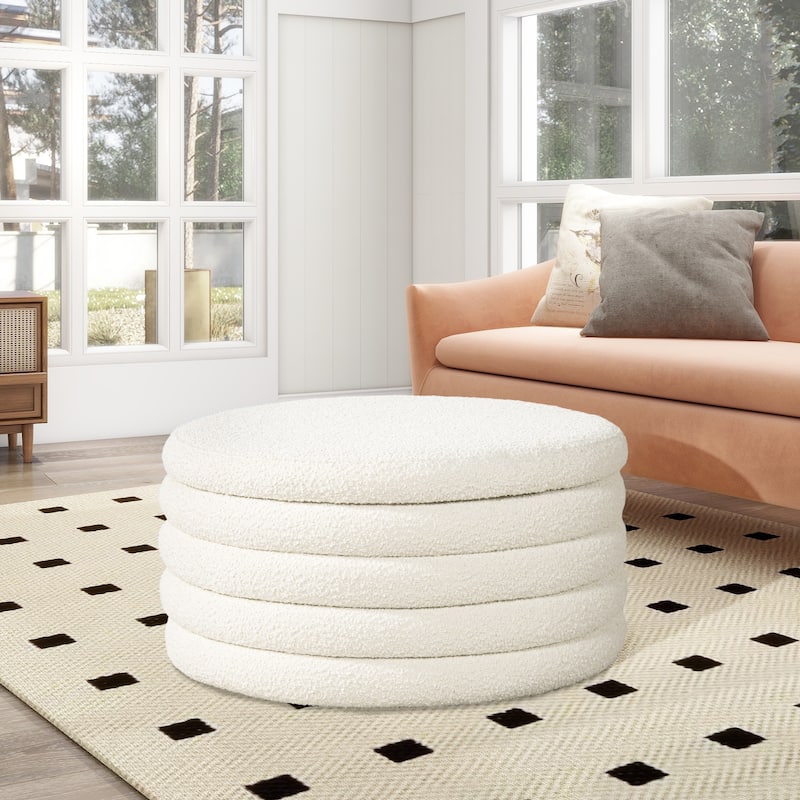 Fuji 36" Boucle Sherpa Round Upholstered Storage Cocktail Ottoman