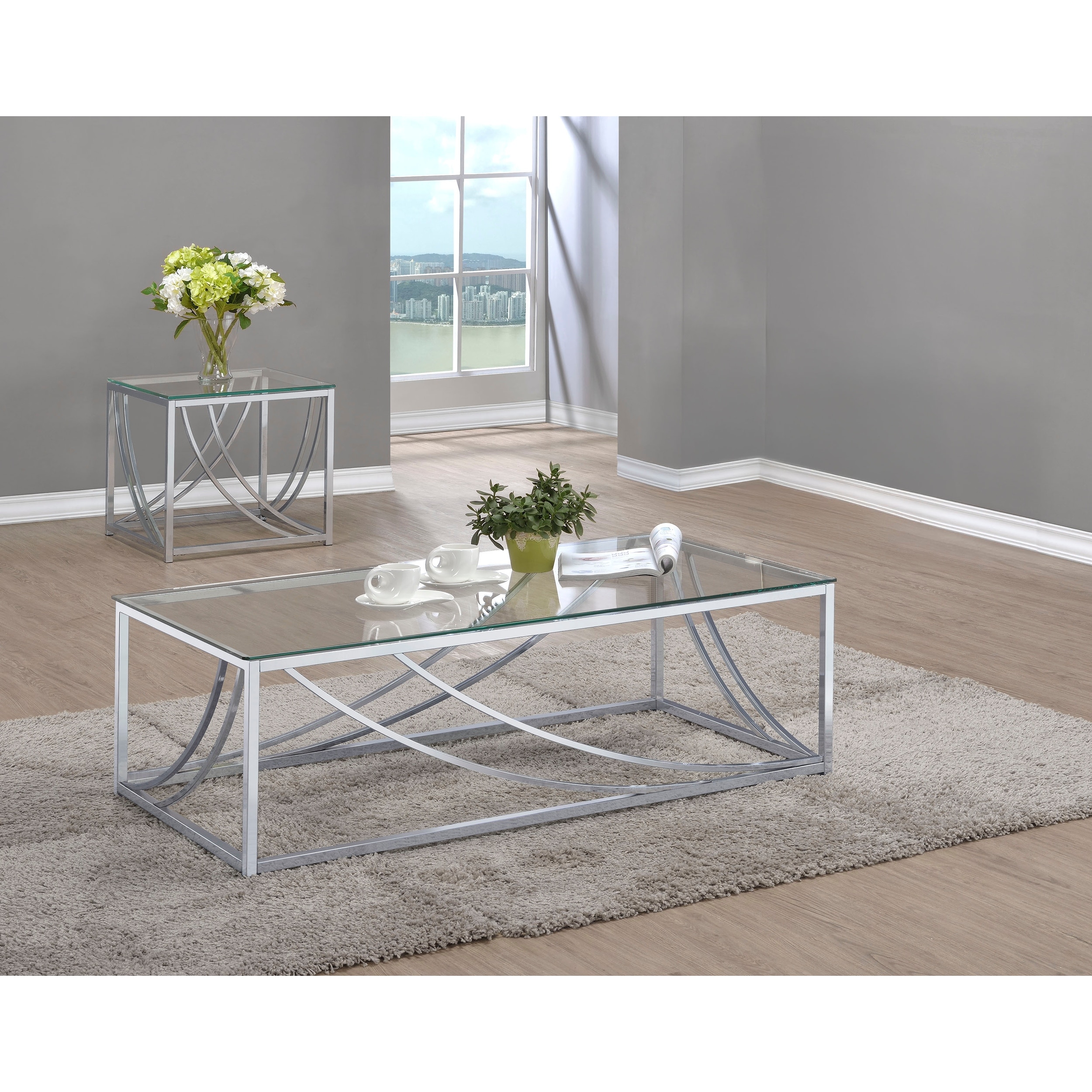 Lille Glass Top Coffee and End Table Set Chrome
