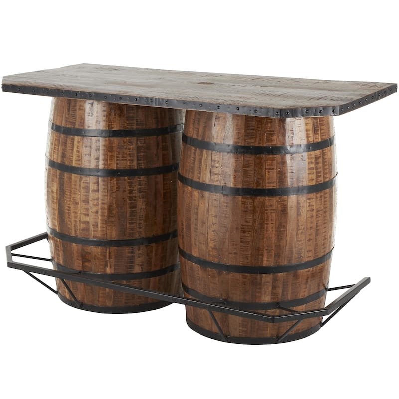 Brown Mango Wood Barrels Bar with Live Edge Tabletop and Black Metal Support - 30"W x 63"L x 40"H