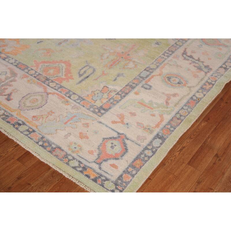 Hand Knotted Oriental 100% Wool Carpet Transitional All-Over Green Oushak Area Rug - 12' 5'' X 8' 10''