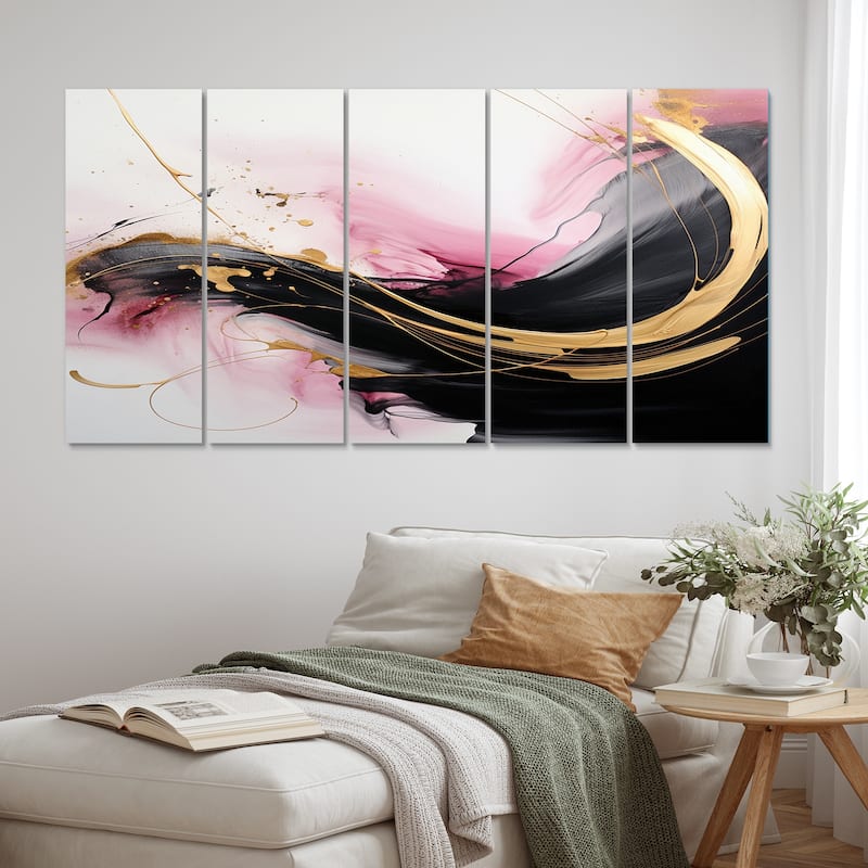 Designart "Abstract Gold Wave Pink And Black I" Abstract Multipanel Wall Decor set - 60 In. Wide X 28 In. High - 5 Panels Equal Panels