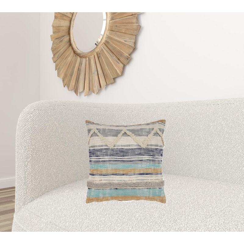 HomeRoots 18" X 18" Beige Blue and Gray Geometric Cotton Zippered Pillow