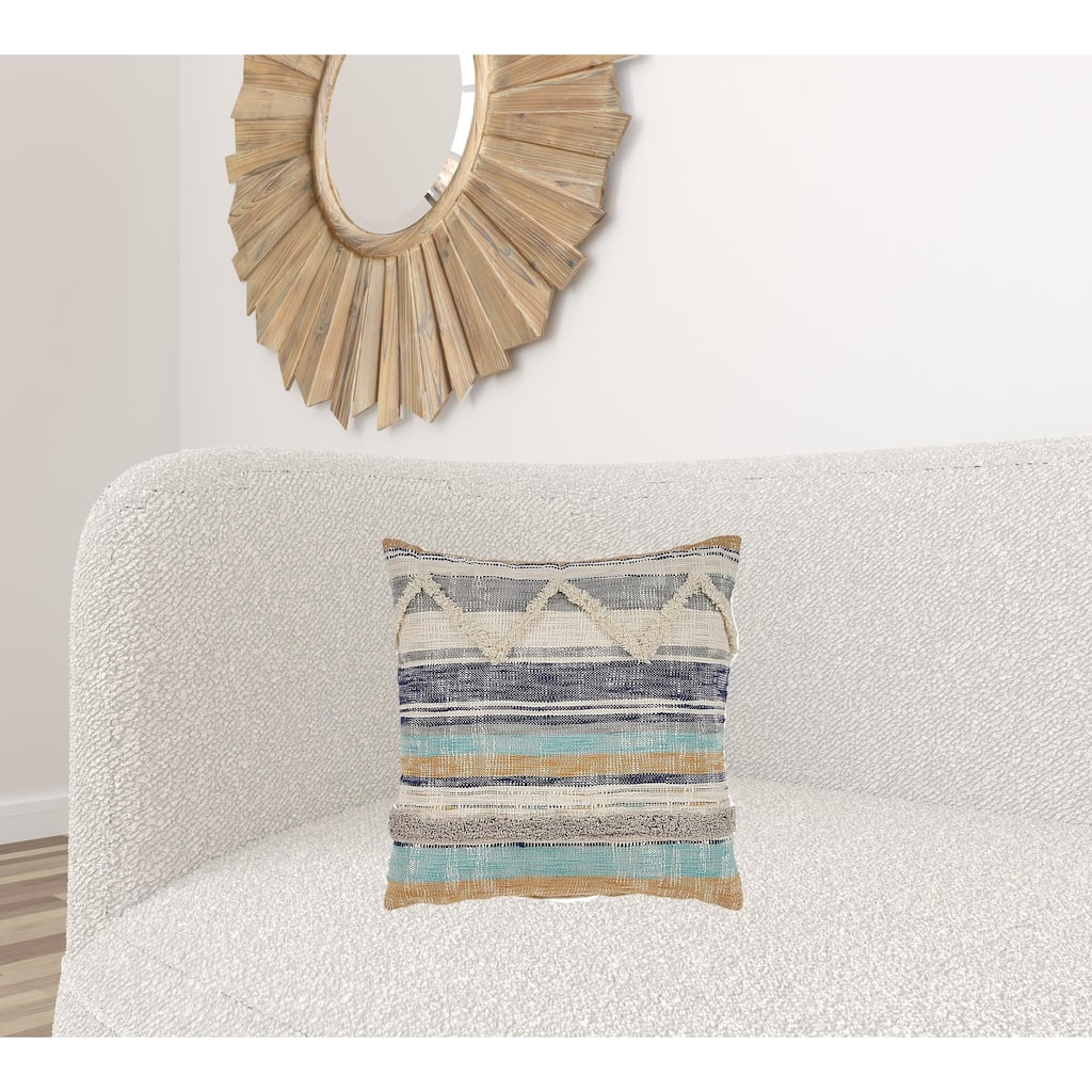 HomeRoots 18" X 18" Beige Blue and Gray Geometric Cotton Zippered Pillow