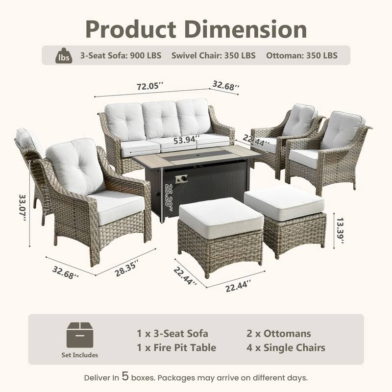 HOOOWOOO 8-piece Wicker Patio Ergonomic Conversation Set with 54" Fire Pit